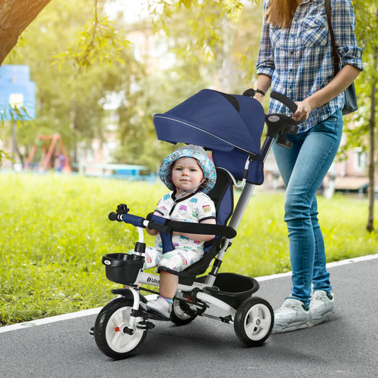 6 in 1 Toddler Tricycle, Parent Push Handle, Canopy, Storage Baskets, Dark Blue Tricycles for Kids Dark Blue, White at Gallery Canada
