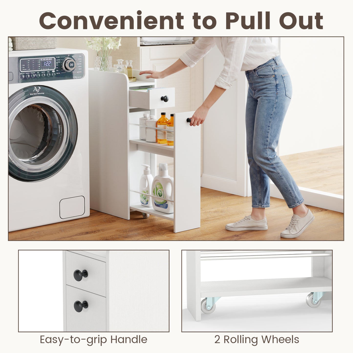 Small Bathroom Storage Cabinet 4-Tier Narrow Toilet Side Storage Cabinet with Slide Out Drawers on Casters, White Floor Cabinets at Gallery Canada