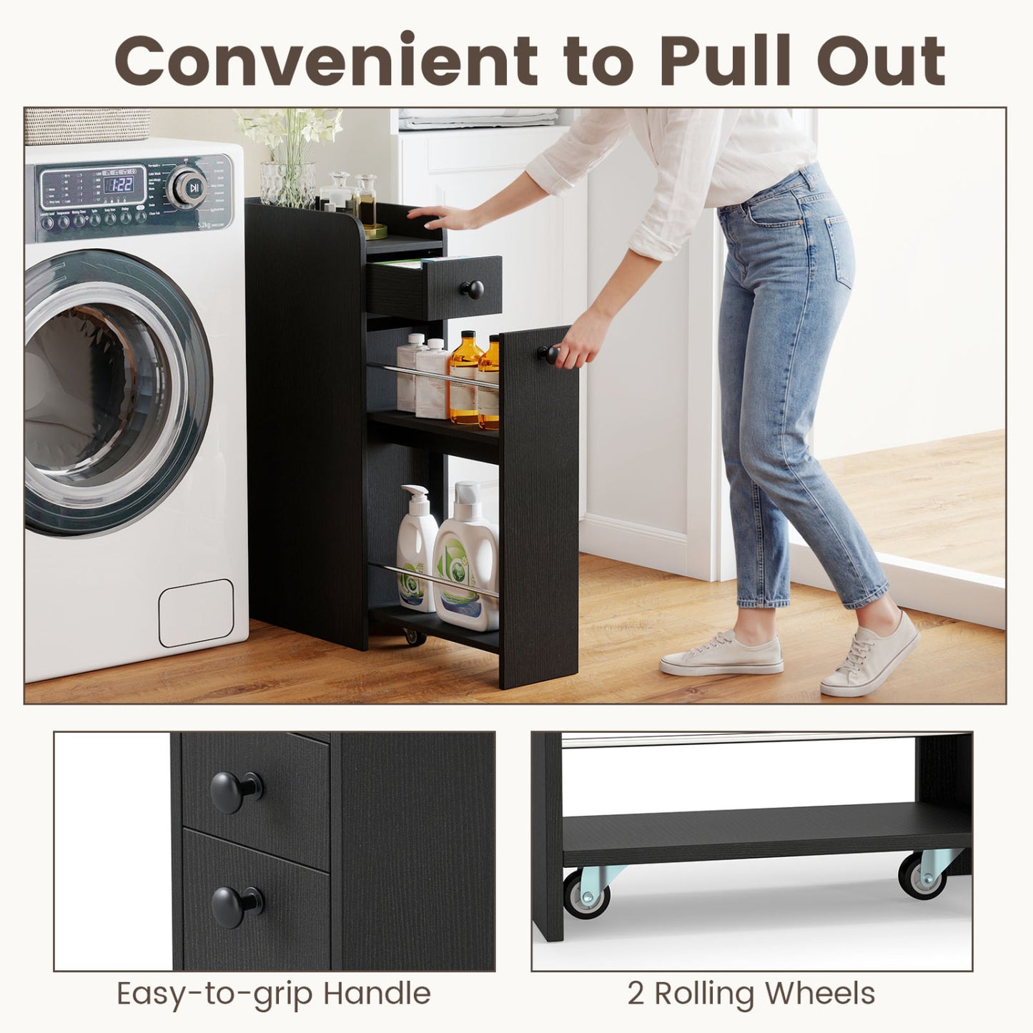 Small Bathroom Storage Cabinet 4-Tier Narrow Toilet Side Storage Cabinet with Slide Out Drawers on Casters, Black Floor Cabinets at Gallery Canada