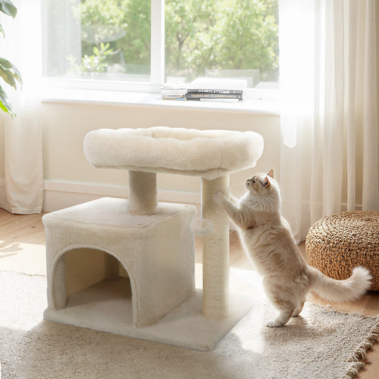 Small Cat Tree with Large Padded Plush Perch for Indoor Cats, Beige Cat Trees Condos & Scratchers Beige at Gallery Canada
