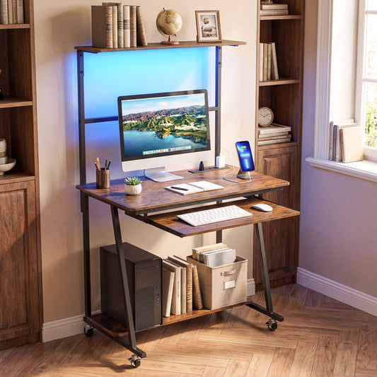 Small Computer Desk With Charging Station, LED Lights, Wheels, Rustic Brown Computer Desks Rustic Brown at Gallery Canada
