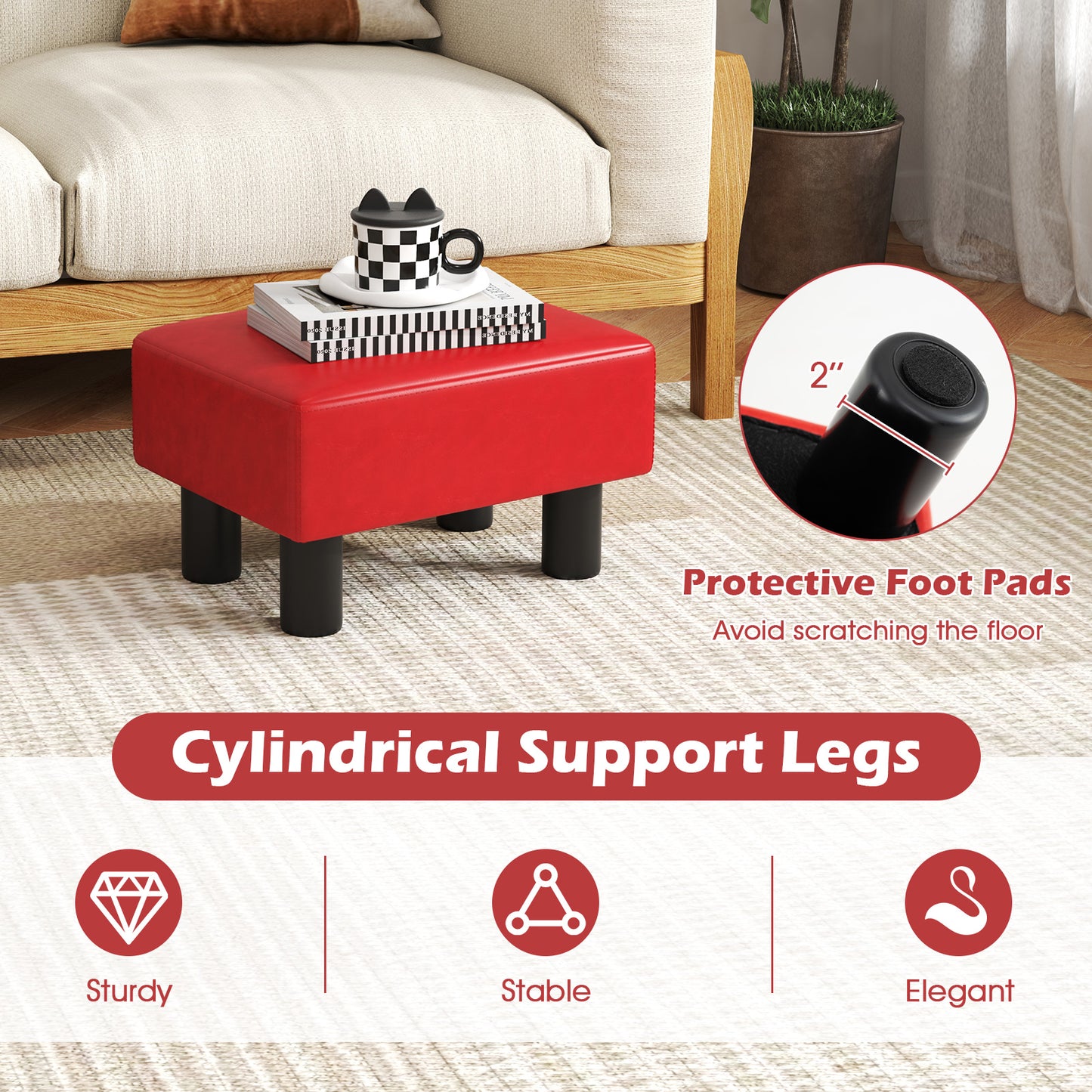Small Rectangular Seat Ottoman Footstool, PU Leather, Red Ottomans at Gallery Canada