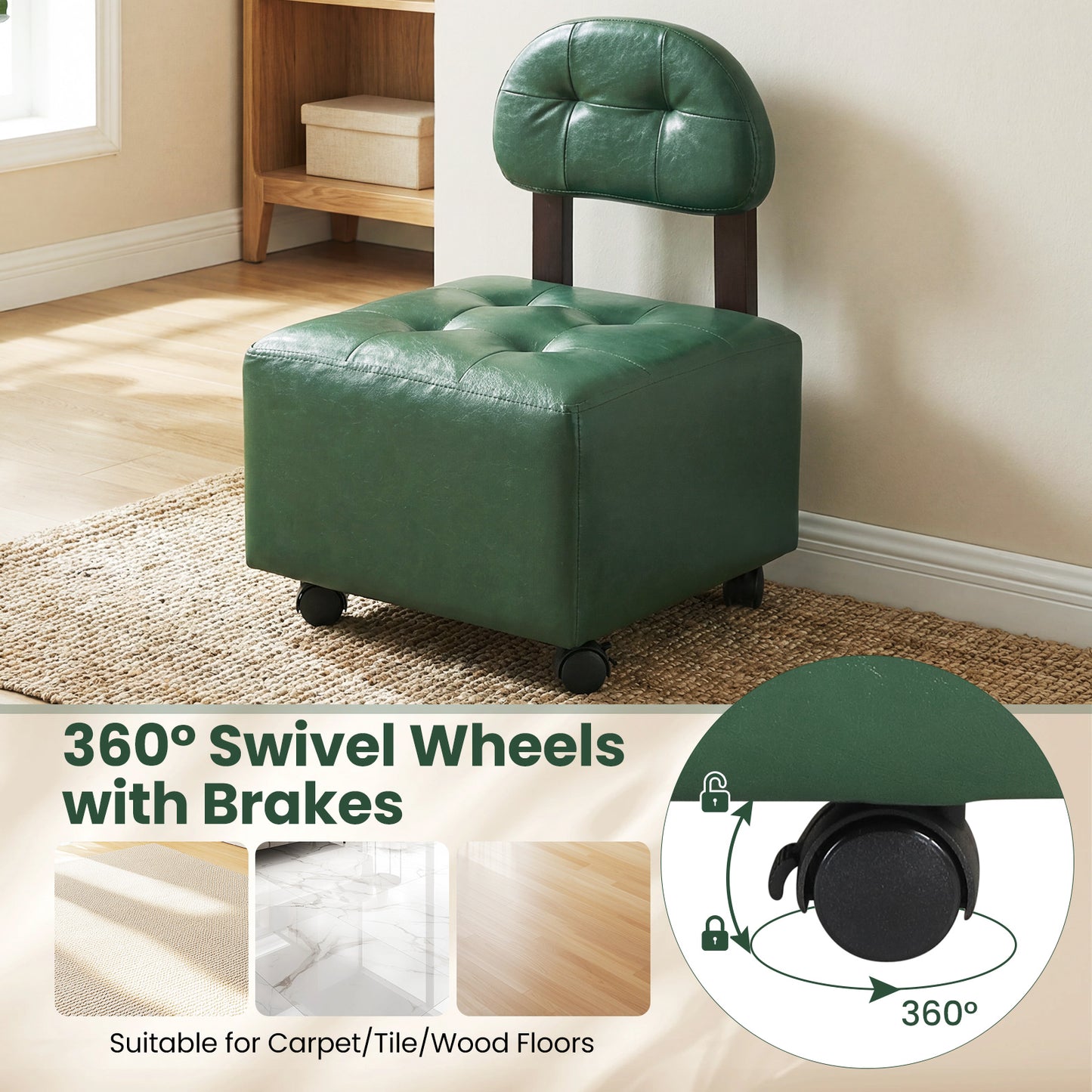 Small Rolling Footrest Stools Set Of 2, Green Ottomans at Gallery Canada