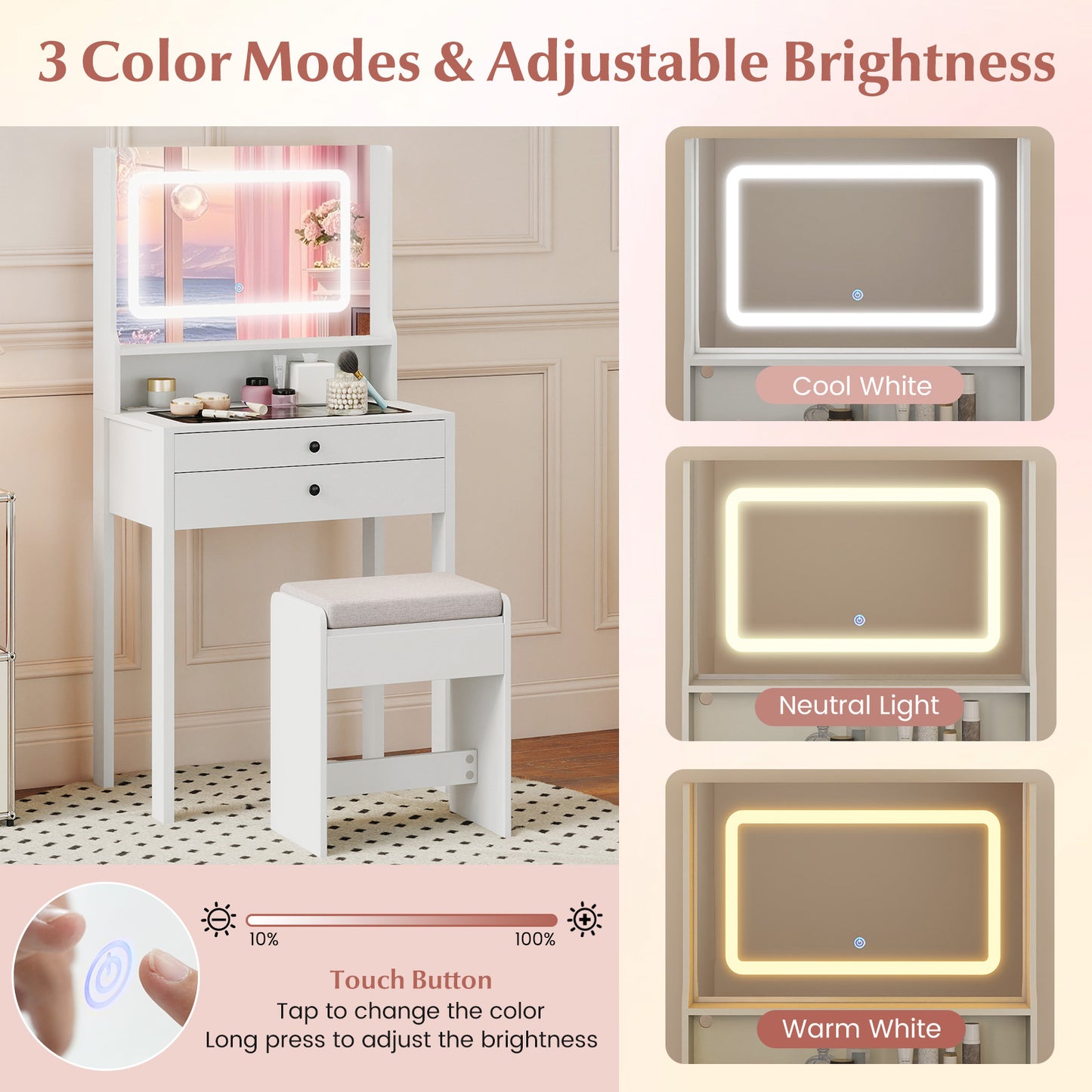 Small Vanity Desk with Mirror and Lights for Bedroom, White Makeup Vanities at Gallery Canada