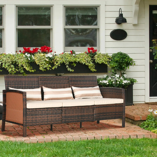 3-Seater Wicker Sofa, PE Rattan Outdoor Couch, Removable Cushions, Brown Patio Furniture Sets Brown Rattan, Khaki Cushion at Gallery Canada