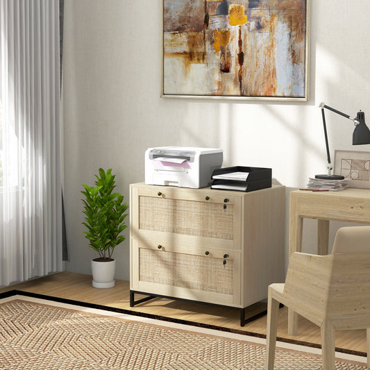 2-Drawer Filing Cabinet with Lock, Rattan, Adjustable Hanging Bar, Natural Office Cabinets & Cupboards Natural at Gallery Canada
