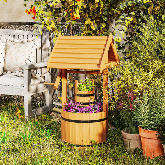 Wood Wishing Well Planter, Hanging Bucket, Drainage Hole, Orange