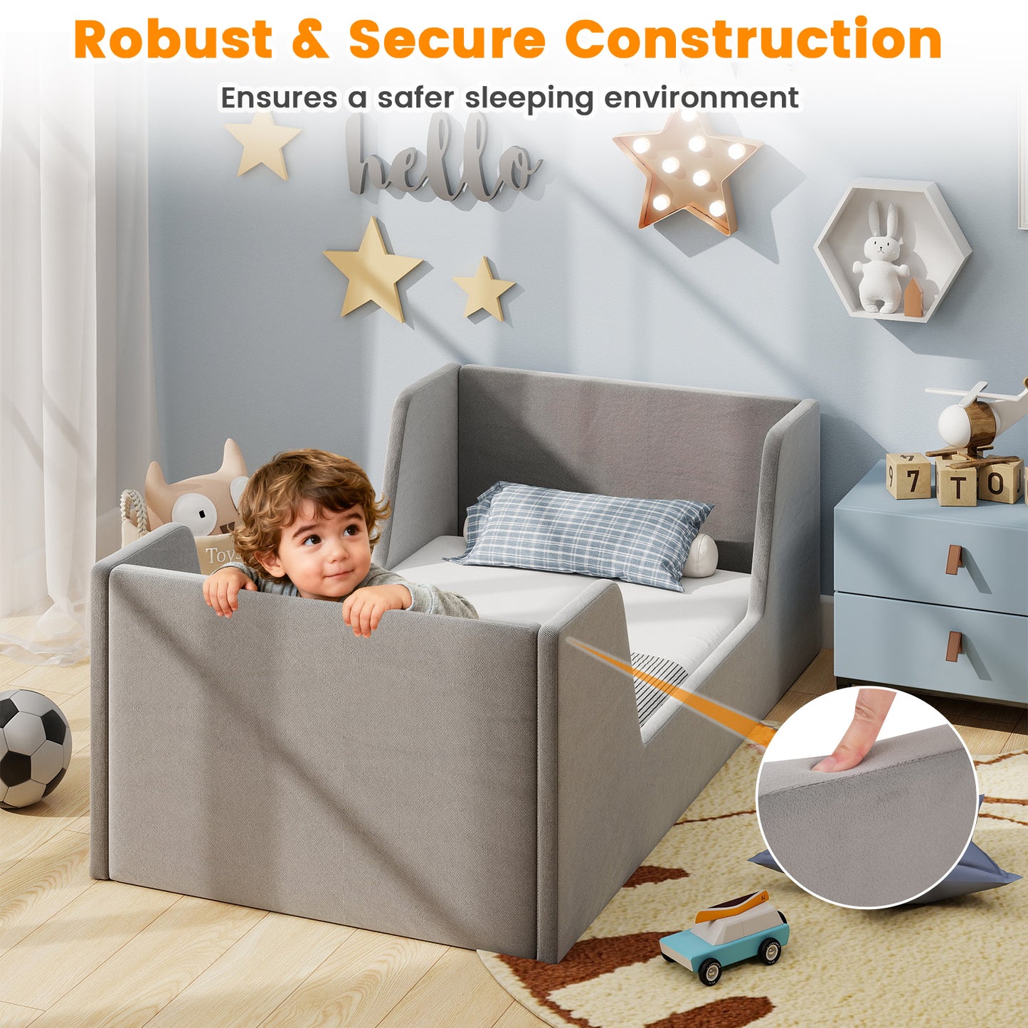 Soft Velvet Toddler Bed Frame, With Safety Rails, Gray Toddler Beds at Gallery Canada