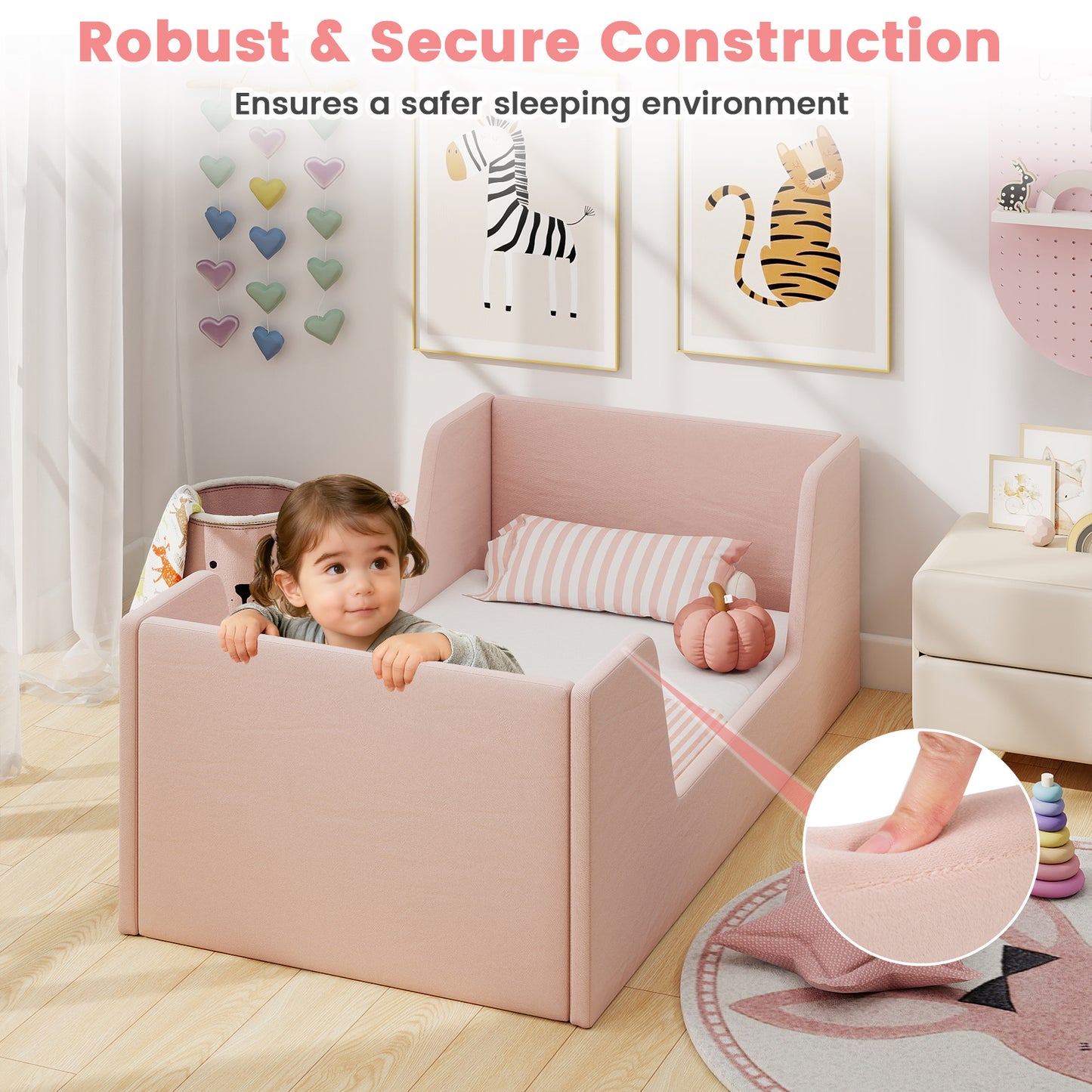 Soft Velvet Fabric Toddler Bed Frame with Safety Rails, Pink Toddler Beds at Gallery Canada