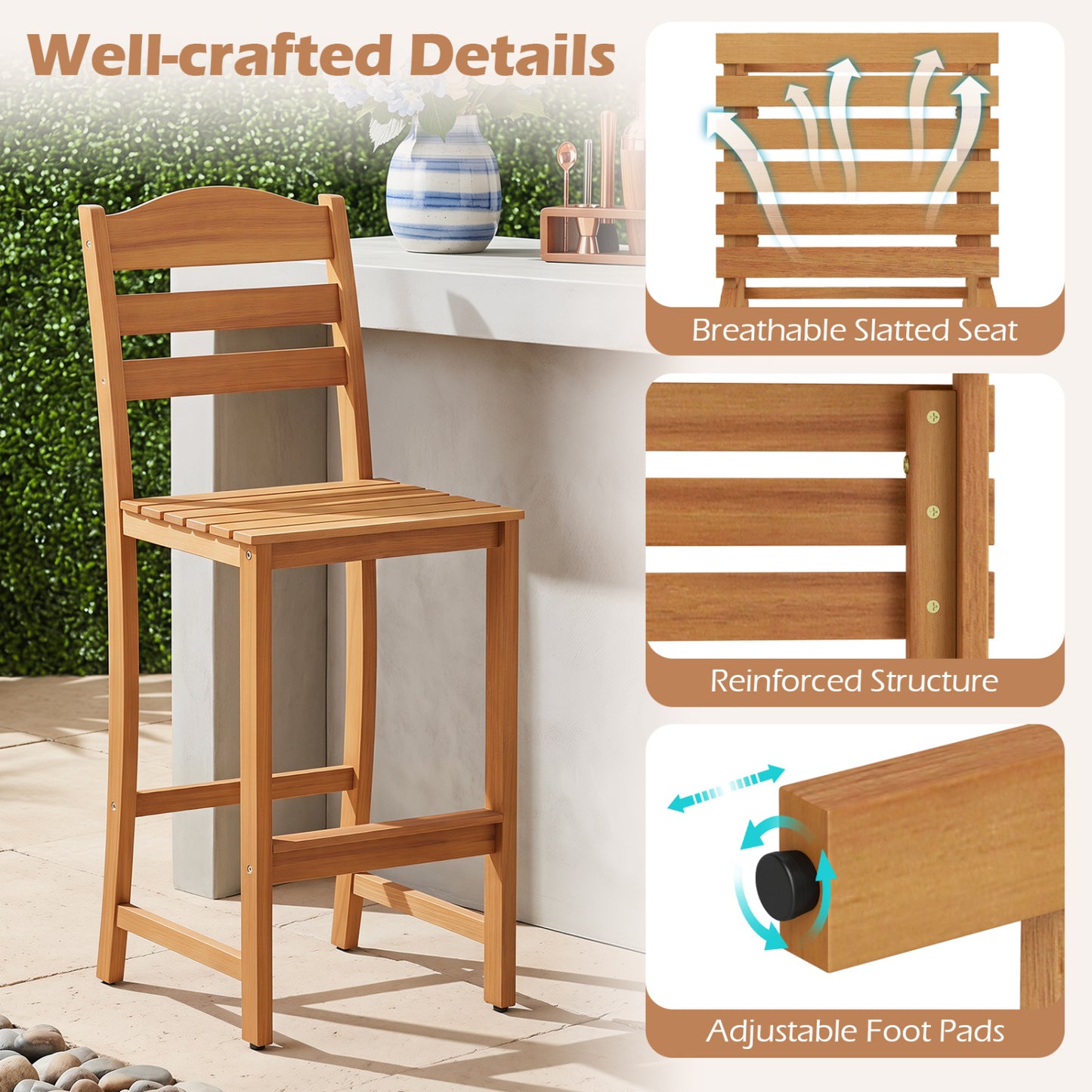 Solid Acacia Wood Bar Stools Heavy-duty Outdoor Barstools with 400 LBS Max Load Patio Bar Furniture at Gallery Canada