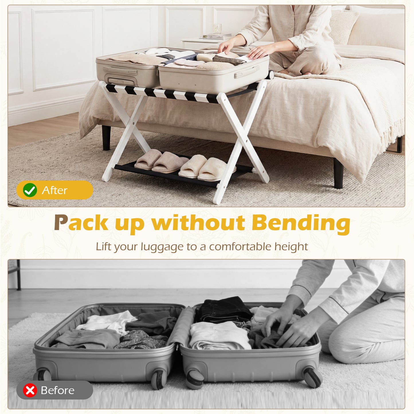 Rubberwood Folding Luggage Rack, Nylon Shelves, Set of 2, Black, White Shoe Racks & Storage Benches at Gallery Canada