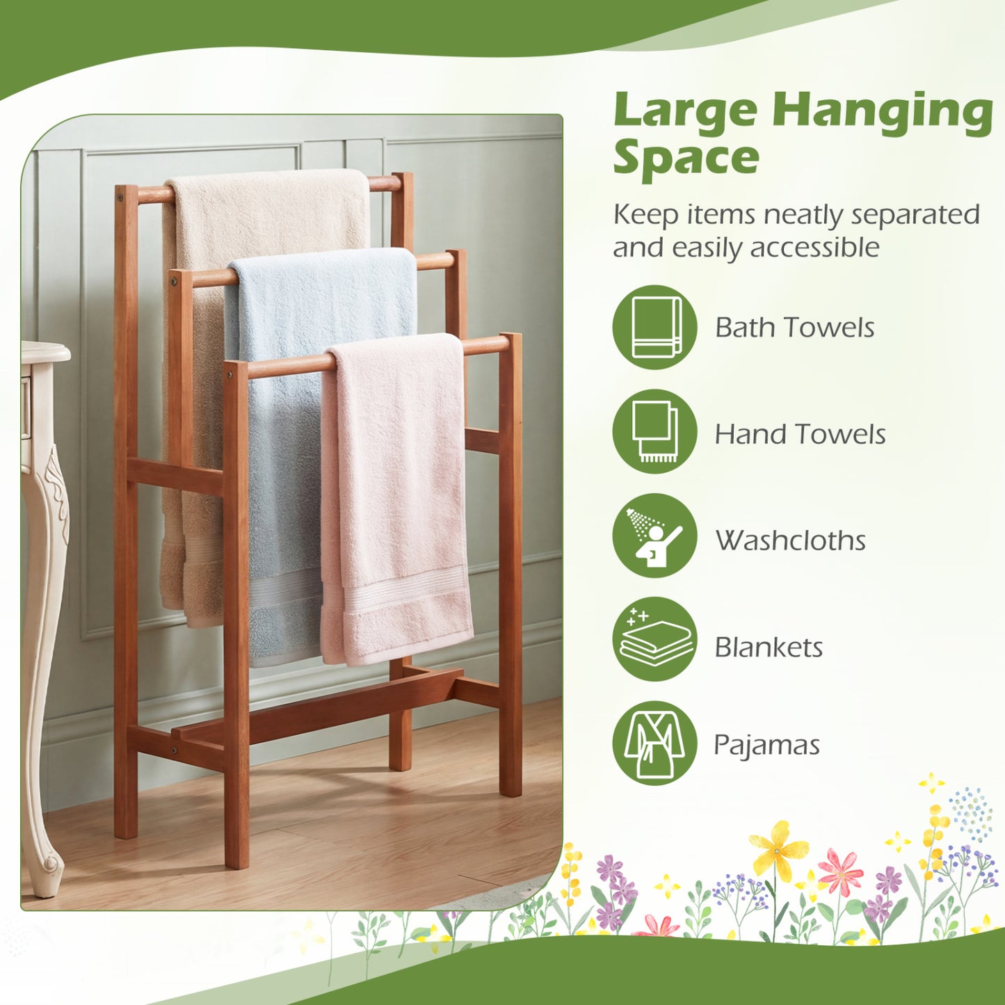 Solid Wood 3-Tier Towel Rack, Teak Oil Finish, Natural Towel Racks at Gallery Canada