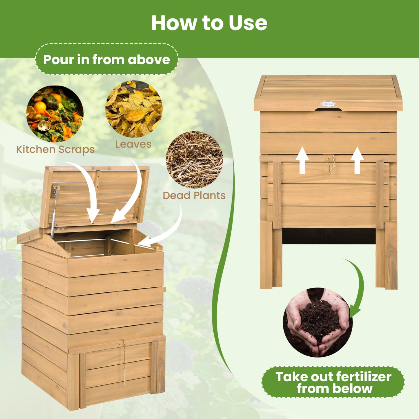 Compost Bin, Lockable Sliding Door, Flip-Top, Garden, Solid Wood, Natural Garden Tools at Gallery Canada