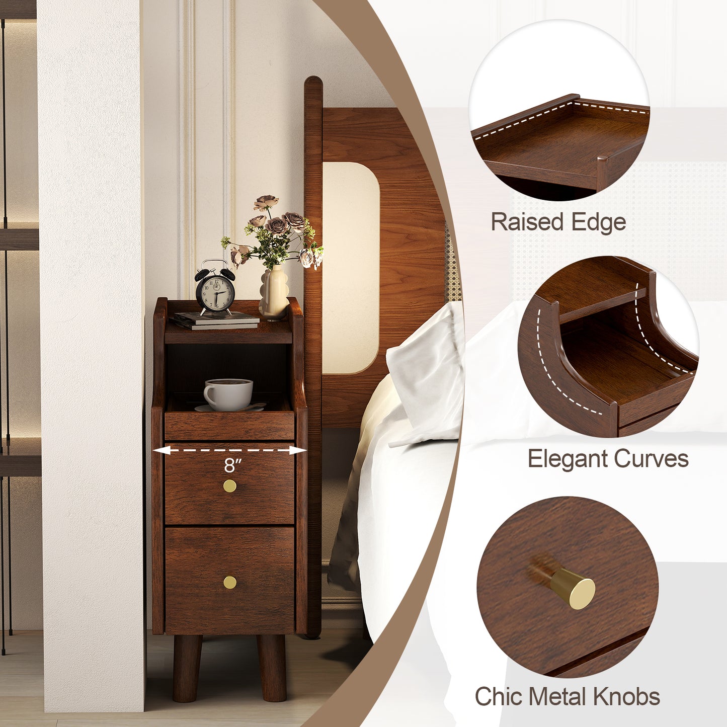 Solid Wood End Table, Narrow Bedside Table, Pull-out Tray, 2 Storage Drawers, Brown Nightstands at Gallery Canada