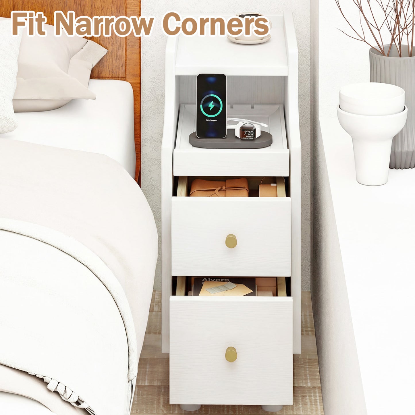 Solid Wood Narrow Nightstand with Pull-Out Tray & 2 Drawers, White Nightstands at Gallery Canada