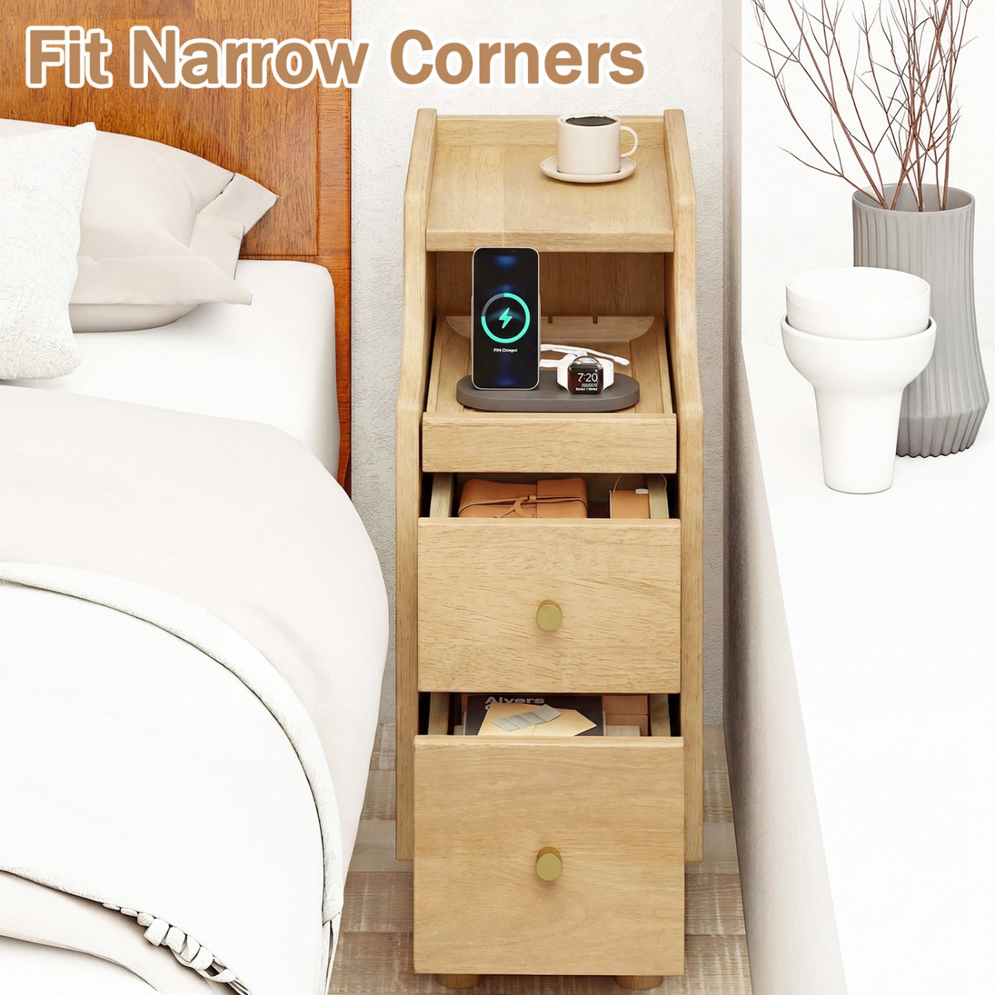 Wood Night Side Table With Pull-out Tray and 2 Drawers Nightstands at Gallery Canada