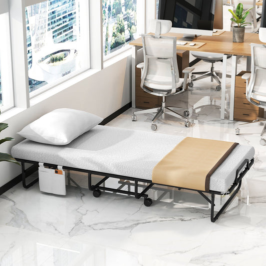 Space-Saving Narrow Twin Rollaway Bed with Pillow and Side Organizer Pocket, White Folding Beds White at Gallery Canada