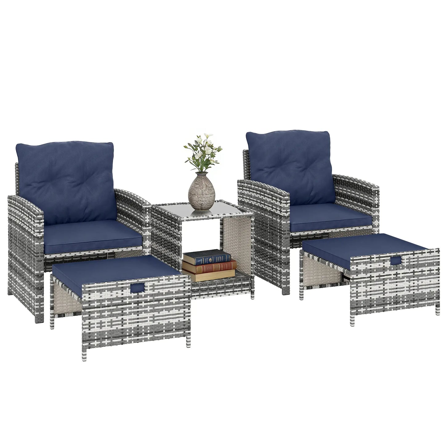 5 Piece Patio Furniture Set, Wicker Chairs With Ottomans, 2-Tier Glass Coffee Table, Grey/Dark Blue Patio Furniture Sets at Gallery Canada