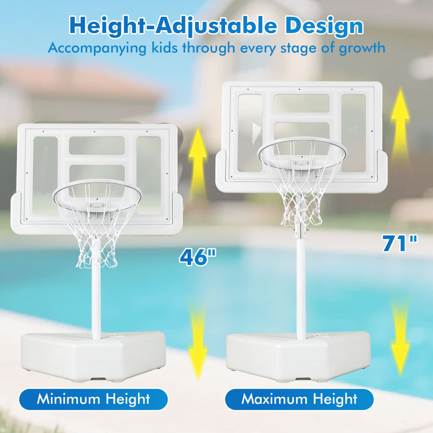 Panneau de basket Splash & Shoot, hauteur réglable, 2 ballons, pompe, blanc