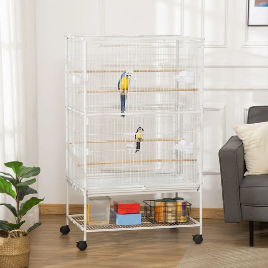 52" Large Rolling Steel Bird Cage, With Stand, Shelf, Perch, White