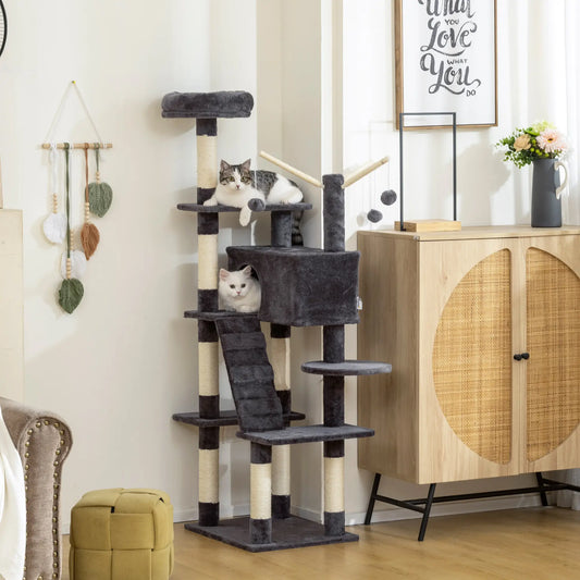 Arbre à chat de 59 pouces avec poteaux en sisal, condo, perchoir, échelle, balles, gris foncé