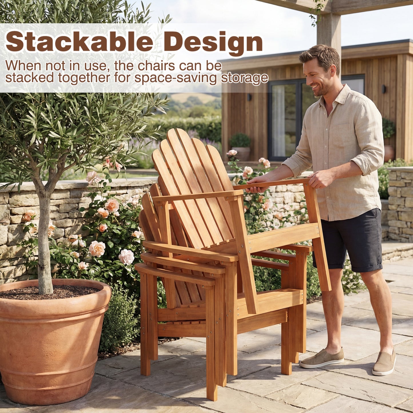 Stackable Adirondack Chair Set of 2 with Side Table, Natural Patio Conversation Sets at Gallery Canada