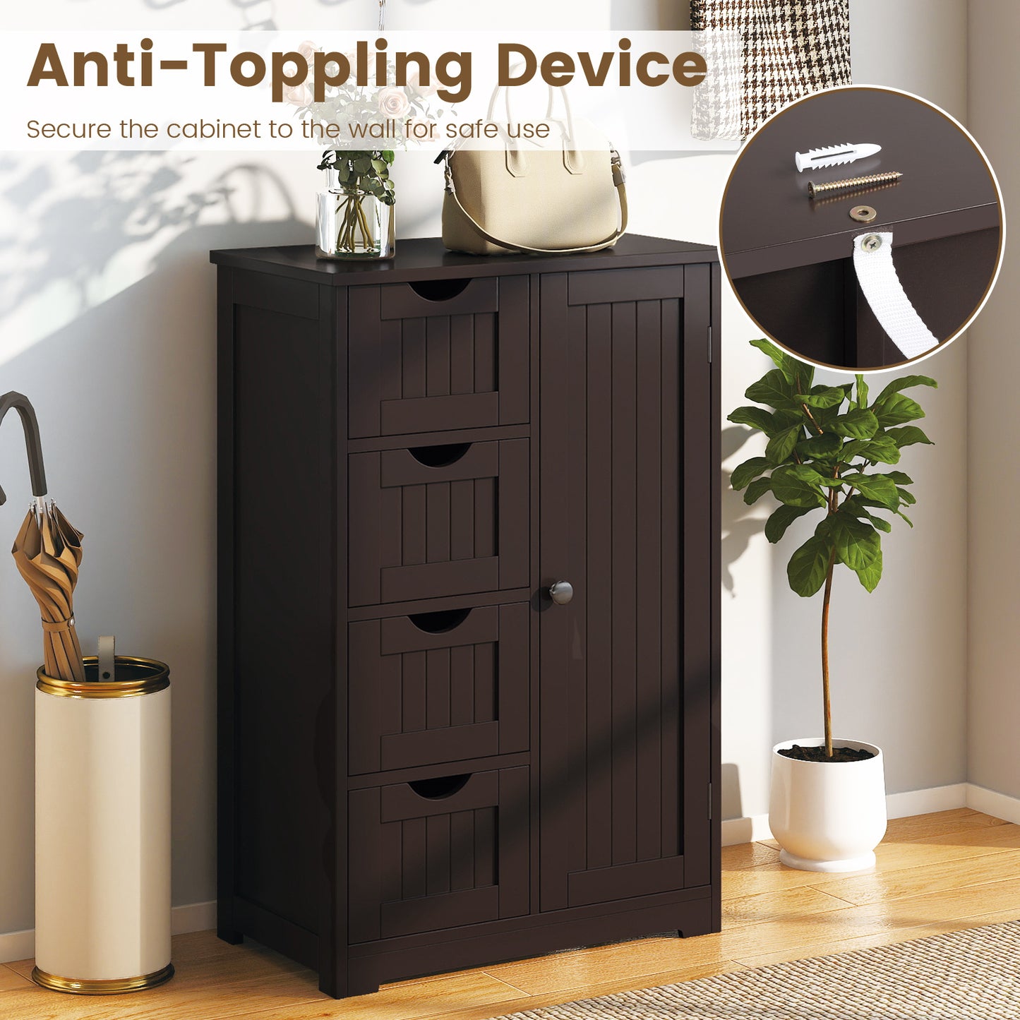 Standing Wooden Cabinet, 4 Drawers, Brown Floor Cabinets at Gallery Canada