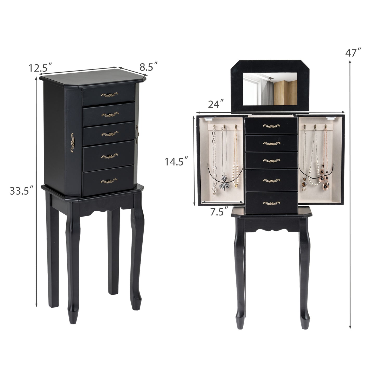 Standing Jewelry Box with 4 Drawers and 2 Side Doors, Black Jewelry Armoires at Gallery Canada