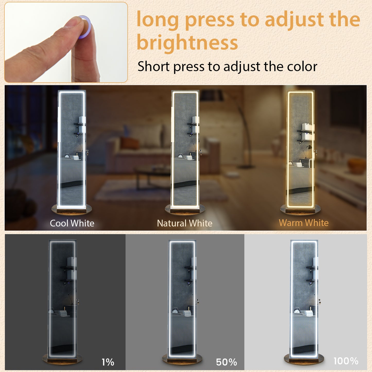 Standing Jewelry Cabinet with Adjustable LED Lights, Coffee Jewelry Armoires at Gallery Canada
