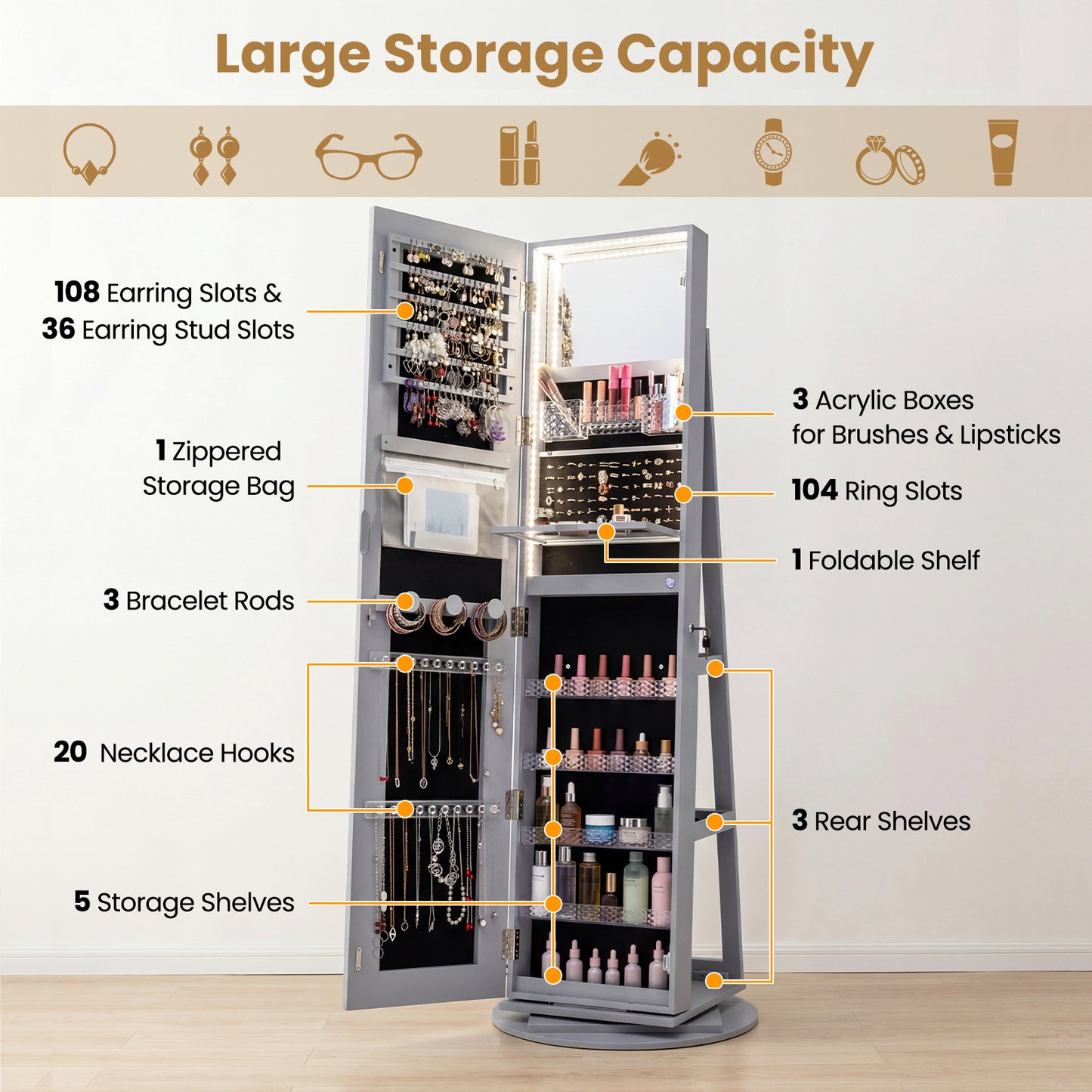 Standing Jewelry Cabinet, Adjustable LED Lights, Gray Jewelry Armoires at Gallery Canada