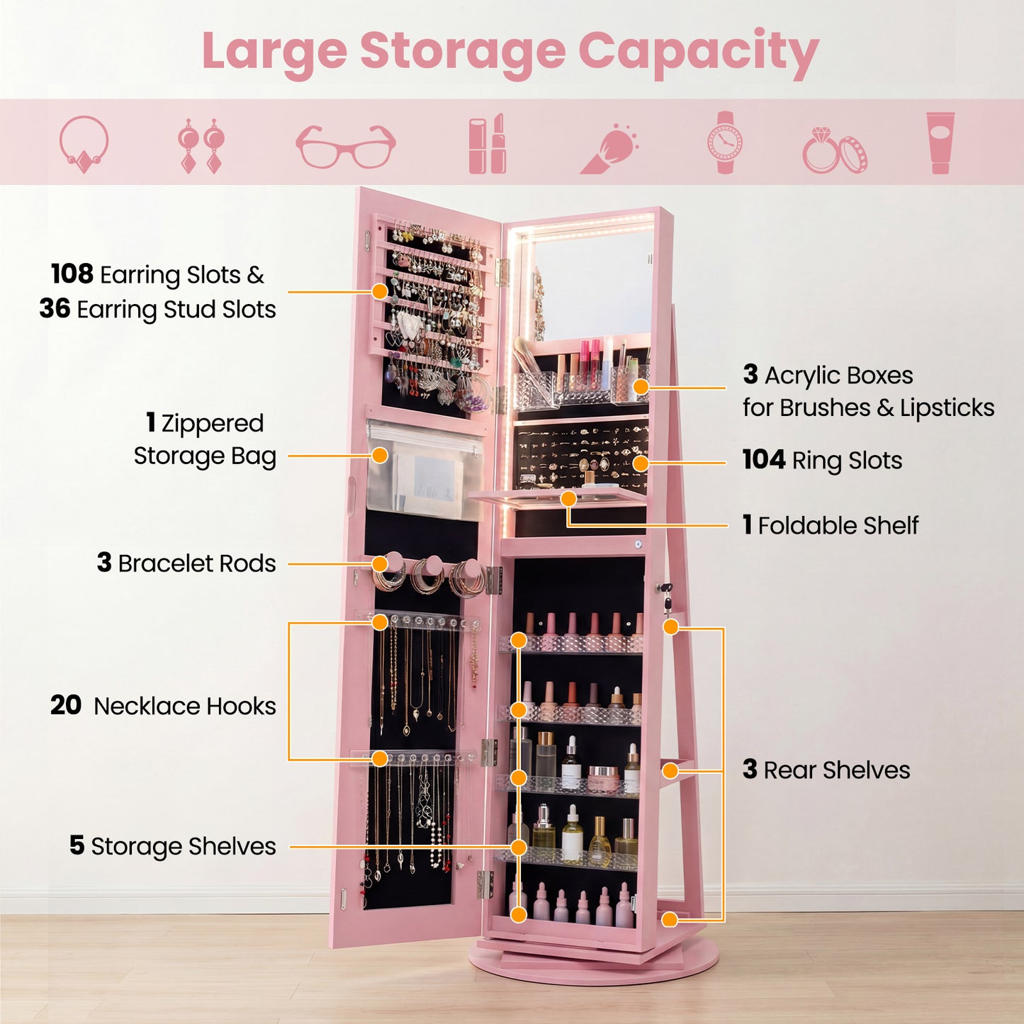 Standing Jewelry Cabinet With Adjustable LED Lights, Pink Jewelry Armoires at Gallery Canada