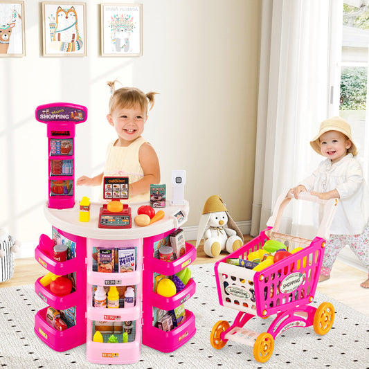 Supermarket Playset for Kids 76 PCS Pretend Play Grocery Store Set with Shopping Cart, Pink Pretend Toys Pink at Gallery Canada