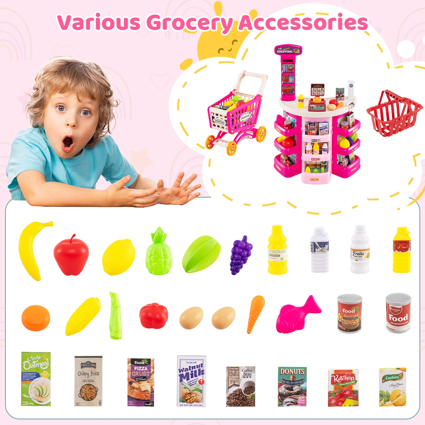 Kids Supermarket Playset, 76 PCS Grocery Store Set With Shopping Cart, Pink Pretend Toys at Gallery Canada