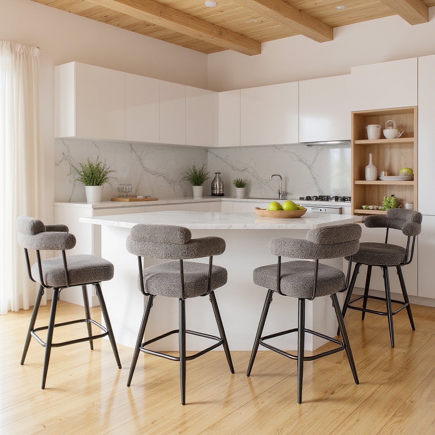 Swivel Bar Stool Set of 2 Counter Height Chairs with Curved Back and Arms-Grey, Gray Bar Stools at Gallery Canada