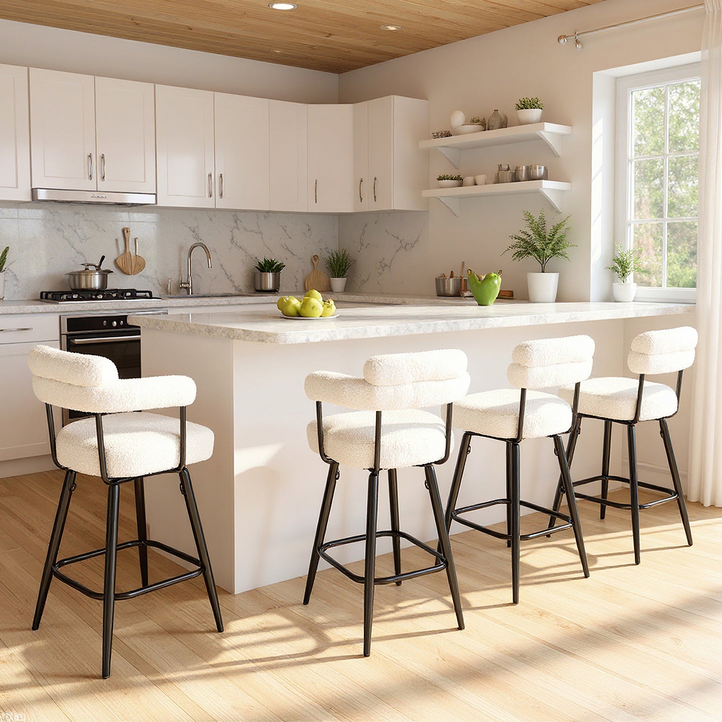 Swivel Bar Stool Set of 2 Counter Height Chairs with Curved Back and Arms, White Bar Stools at Gallery Canada