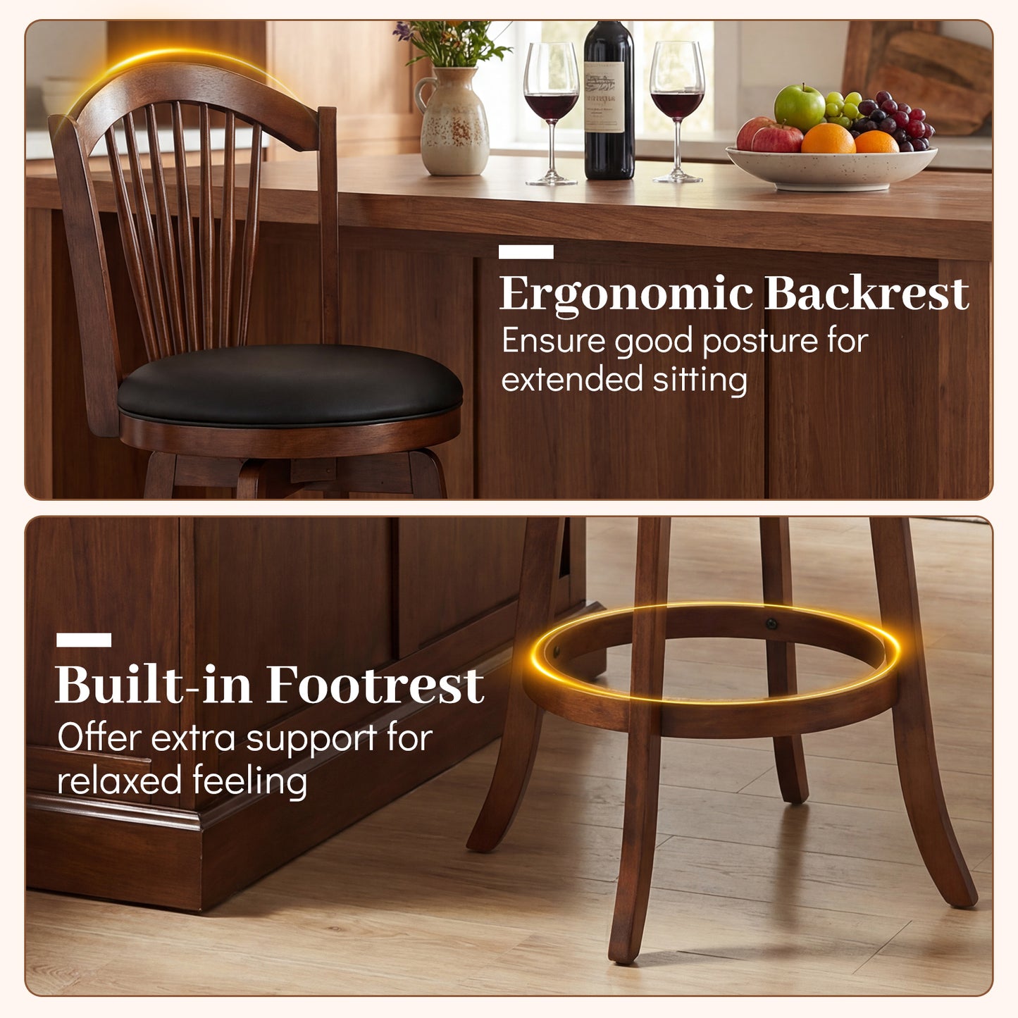 Swivel Bar Stools with Backrests, Wood Frame, 29" Bar Stools at Gallery Canada