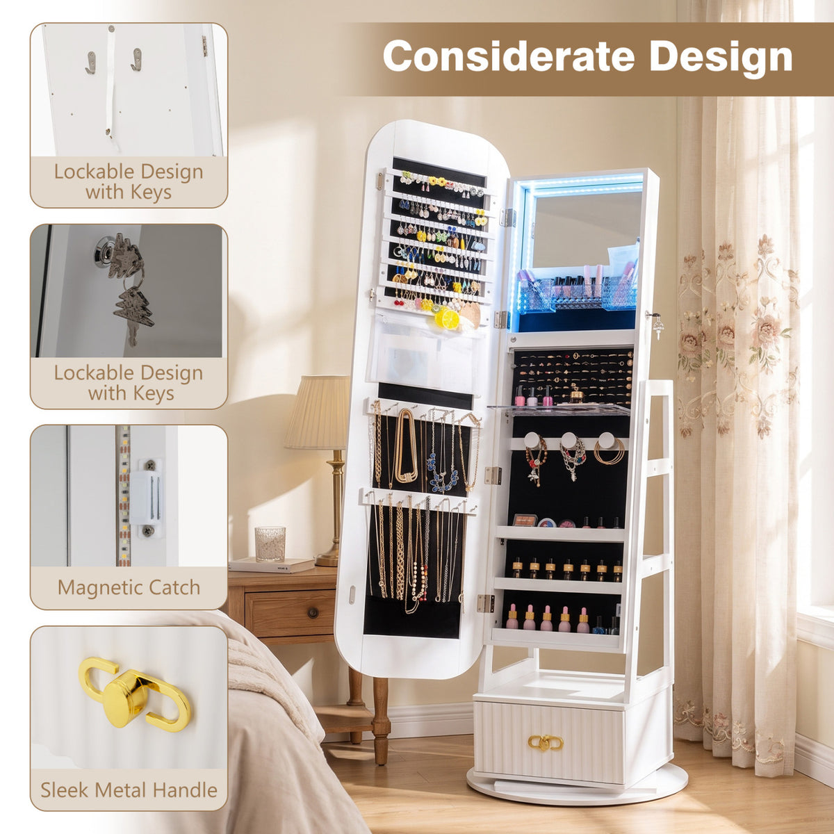 Swivel Jewelry Cabinet, Full-Length Mirror, LED Lights, Storage Shelves, White Jewelry Armoires at Gallery Canada