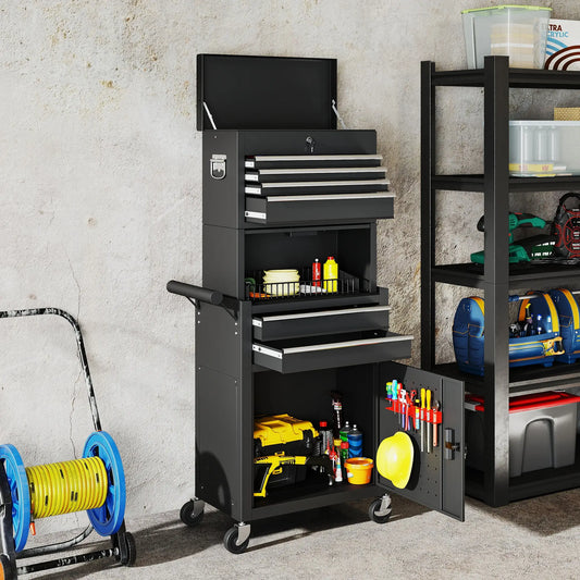 Grande armoire à outils, coffre roulant 3-en-1, rangement amovible avec 6 tiroirs et panneau perforé, Noir