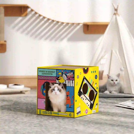 2 in 1 Cardboard Cat House, Cat Scratcher with Scratching Board Cat Houses Yellow, Multicolour at Gallery Canada