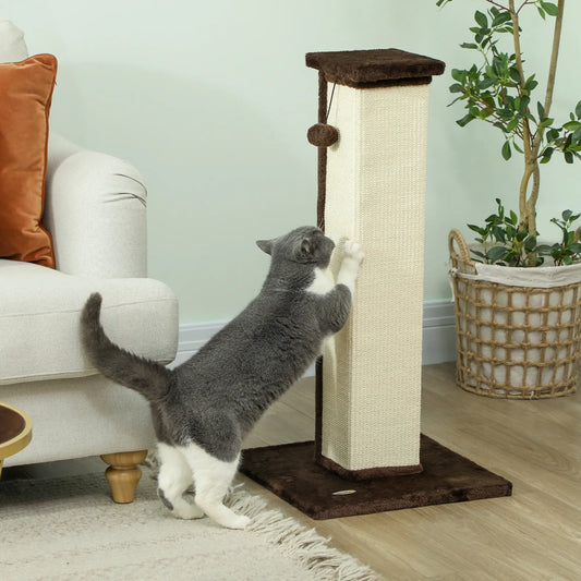 32" Tall Cat Scratching Post, Sisal Scratcher with Hanging Ball, Brown Cat Posts Brown at Gallery Canada