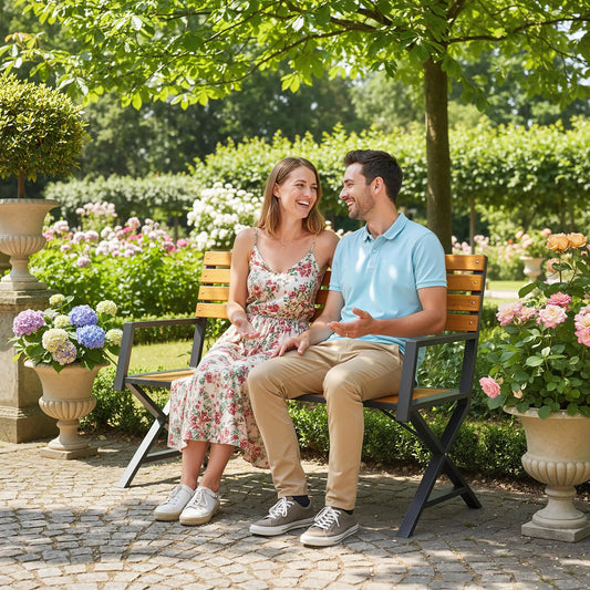 Outdoor Garden Bench With Backrest, Armrests, 2-Person Patio Seating Outdoor Benches Natural Wood, Black at Gallery Canada