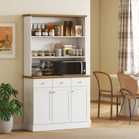 Kitchen Pantry Buffet Server Hutch, Storage Sideboard with Drawers, Cabinets Kitchen Pantry Cabinets White, Wood Grain Veneered Top at Gallery Canada
