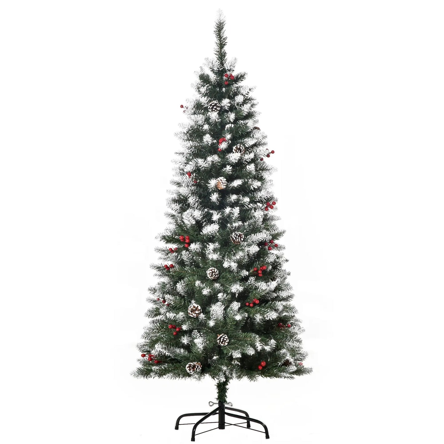 5ft Flocked Christmas Tree, Red Berries Pine Cones, Pencil Shape, Green Pencil Christmas Trees at Gallery Canada