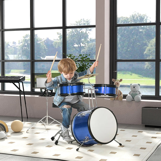 7 Piece Kids Drum Set, Throne, Cymbal, Pedal, Drumsticks, Blue Electronic Musical Pianos Blue at Gallery Canada