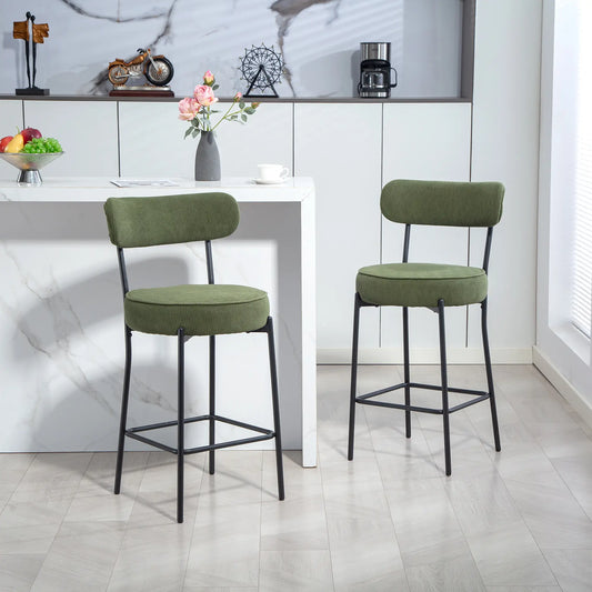 Set of 2 Barstools, Upholstered Corduroy, Backrest, Footrest, Green Bar Stools Green at Gallery Canada