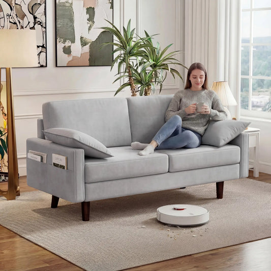 3 Seater Velvet Sofa, Spring Cushions, Rubber Wood Legs, Grey 3-Seater Sofas Grey at Gallery Canada