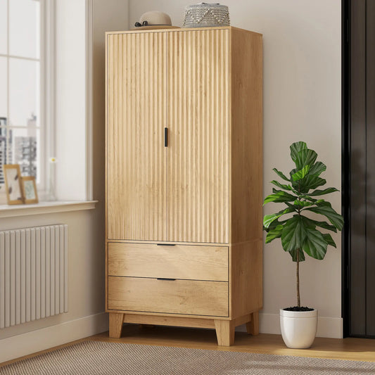 Modern Wardrobe Closet, Freestanding Armoire, 2 Drawers, Hanging Rod, Natural