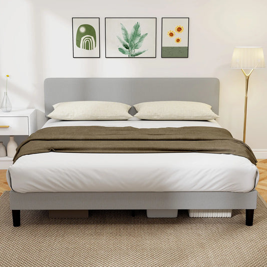 King Size Bed Frame, Adjustable Upholstered Headboard, Wood Slat Support, Light Grey Bed Frames Light Grey at Gallery Canada