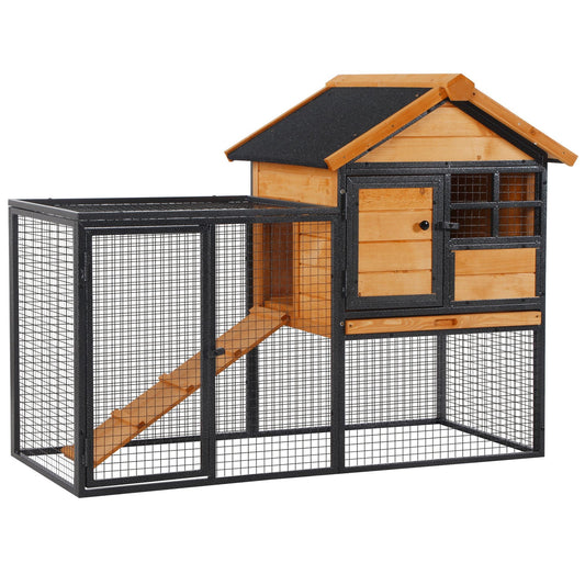 Wood-metal Pet House Elevated Rabbit Hutch Bunny Cage Small Animal Habitat with Slide-out Tray Lockable Door Water-resistant Asphalt Roof Outdoor 48"x25"x36" Light Yellow - Gallery Canada