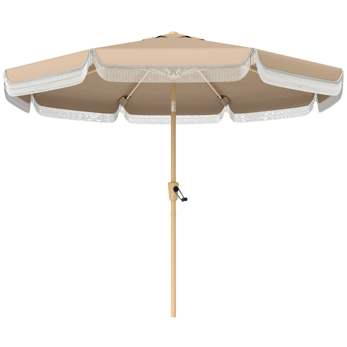 9 ft Patio Umbrella, Push Button Tilt Crank, Fringed Outdoor Market Table, Khaki Sun Umbrellas at Gallery Canada
